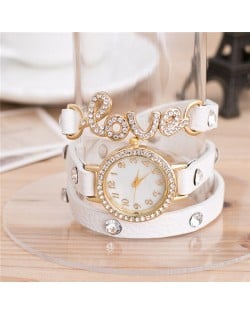 Rhinestone Inlaid Love Theme Triple Layers Leather Fashion Watch - White