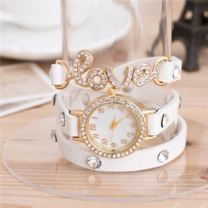 Rhinestone Inlaid Love Theme Triple Layers Leather Fashion Watch - White