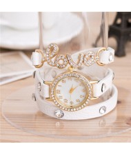 Rhinestone Inlaid Love Theme Triple Layers Leather Fashion Watch - White