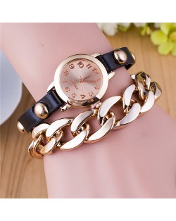 Studs Decorated Leather and Golden Chain Combo Fashion Wrist Watch - Black