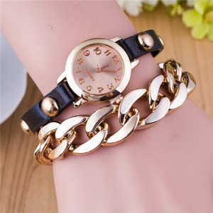 Studs Decorated Leather and Golden Chain Combo Fashion Wrist Watch - Black