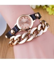 Studs Decorated Leather and Golden Chain Combo Fashion Wrist Watch - Black