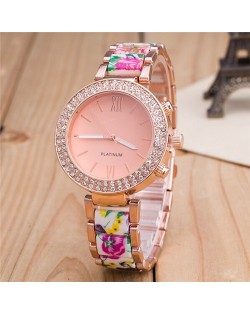 Rhinestone Rimmed with Floral Pattern Porcelain Texture Wristband Fashion Watch - Style 2