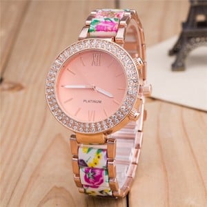 Rhinestone Rimmed with Floral Pattern Porcelain Texture Wristband Fashion Watch - Style 2