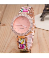 Rhinestone Rimmed with Floral Pattern Porcelain Texture Wristband Fashion Watch - Style 2