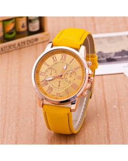 Multi Dials Roman Character Design Candy Color Fashion Wrist Watch - Yellow