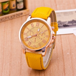 Multi Dials Roman Character Design Candy Color Fashion Wrist Watch - Yellow