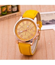 Multi Dials Roman Character Design Candy Color Fashion Wrist Watch - Yellow
