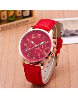 Multi Dials Roman Character Design Candy Color Fashion Wrist Watch - Red