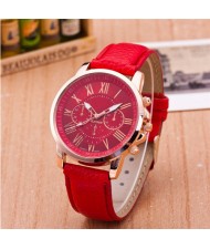Multi Dials Roman Character Design Candy Color Fashion Wrist Watch - Red