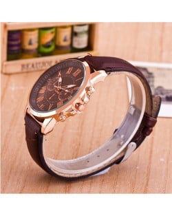 Multi Dials Roman Character Design Candy Color Fashion Wrist Watch - Coffee