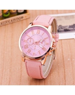 Multi Dials Roman Character Design Candy Color Fashion Wrist Watch - Pink