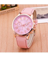 Multi Dials Roman Character Design Candy Color Fashion Wrist Watch - Pink
