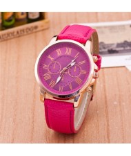 Multi Dials Roman Character Design Candy Color Fashion Wrist Watch - Rose
