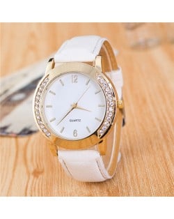 Rhinestone Embellished Golden Rimmed Candy Color Wristband Simple Style Fashion Watch - White