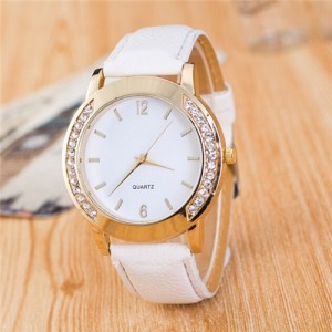 Rhinestone Embellished Golden Rimmed Candy Color Wristband Simple Style Fashion Watch - White