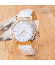 Rhinestone Embellished Golden Rimmed Candy Color Wristband Simple Style Fashion Watch - White