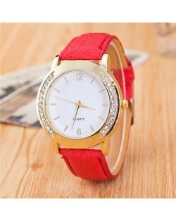 Rhinestone Embellished Golden Rimmed Candy Color Wristband Simple Style Fashion Watch - Red