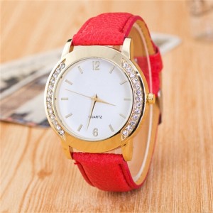 Rhinestone Embellished Golden Rimmed Candy Color Wristband Simple Style Fashion Watch - Red