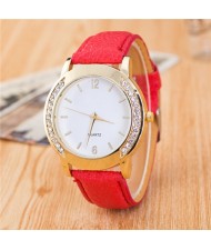 Rhinestone Embellished Golden Rimmed Candy Color Wristband Simple Style Fashion Watch - Red