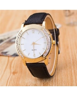 Rhinestone Embellished Golden Rimmed Candy Color Wristband Simple Style Fashion Watch - Black