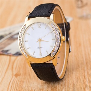 Rhinestone Embellished Golden Rimmed Candy Color Wristband Simple Style Fashion Watch - Black