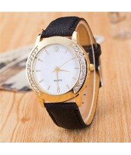 Rhinestone Embellished Golden Rimmed Candy Color Wristband Simple Style Fashion Watch - Black