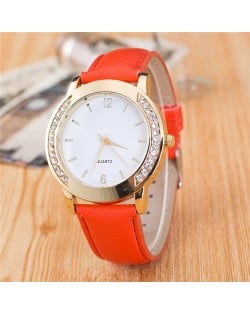 Rhinestone Embellished Golden Rimmed Candy Color Wristband Simple Style Fashion Watch - Orange