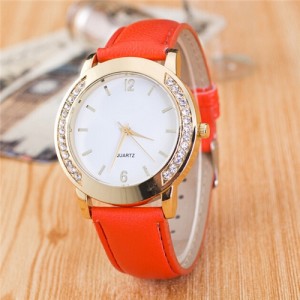 Rhinestone Embellished Golden Rimmed Candy Color Wristband Simple Style Fashion Watch - Orange