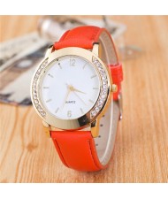 Rhinestone Embellished Golden Rimmed Candy Color Wristband Simple Style Fashion Watch - Orange