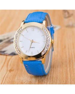 Rhinestone Embellished Golden Rimmed Candy Color Wristband Simple Style Fashion Watch - Light Blue