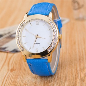Rhinestone Embellished Golden Rimmed Candy Color Wristband Simple Style Fashion Watch - Light Blue