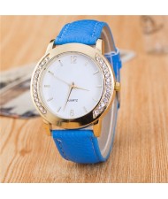 Rhinestone Embellished Golden Rimmed Candy Color Wristband Simple Style Fashion Watch - Light Blue