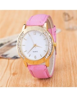 Rhinestone Embellished Golden Rimmed Candy Color Wristband Simple Style Fashion Watch - Pink