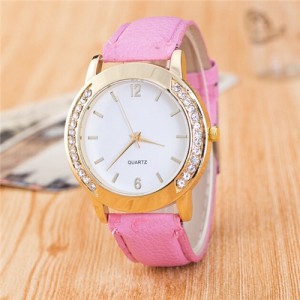 Rhinestone Embellished Golden Rimmed Candy Color Wristband Simple Style Fashion Watch - Pink