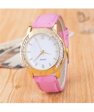 Rhinestone Embellished Golden Rimmed Candy Color Wristband Simple Style Fashion Watch - Pink