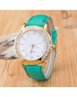 Rhinestone Embellished Golden Rimmed Candy Color Wristband Simple Style Fashion Watch - Mint Green