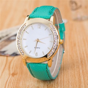 Rhinestone Embellished Golden Rimmed Candy Color Wristband Simple Style Fashion Watch - Mint Green