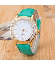Rhinestone Embellished Golden Rimmed Candy Color Wristband Simple Style Fashion Watch - Mint Green