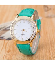 Rhinestone Embellished Golden Rimmed Candy Color Wristband Simple Style Fashion Watch - Mint Green