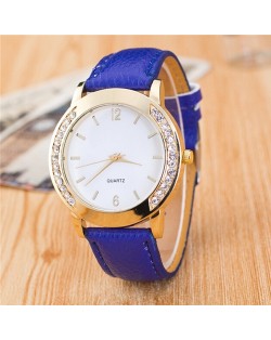 Rhinestone Embellished Golden Rimmed Candy Color Wristband Simple Style Fashion Watch - Royal Blue