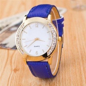 Rhinestone Embellished Golden Rimmed Candy Color Wristband Simple Style Fashion Watch - Royal Blue