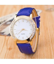 Rhinestone Embellished Golden Rimmed Candy Color Wristband Simple Style Fashion Watch - Royal Blue