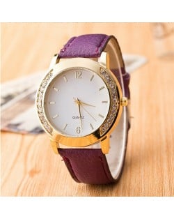 Rhinestone Embellished Golden Rimmed Candy Color Wristband Simple Style Fashion Watch - Rose