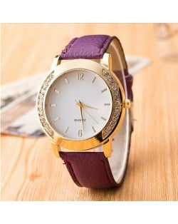 Rhinestone Embellished Golden Rimmed Candy Color Wristband Simple Style Fashion Watch - Rose