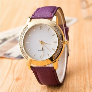 Rhinestone Embellished Golden Rimmed Candy Color Wristband Simple Style Fashion Watch - Purple