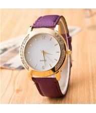 Rhinestone Embellished Golden Rimmed Candy Color Wristband Simple Style Fashion Watch - Purple