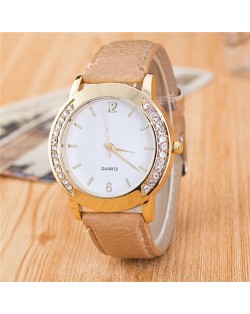 Rhinestone Embellished Golden Rimmed Candy Color Wristband Simple Style Fashion Watch - Khaki