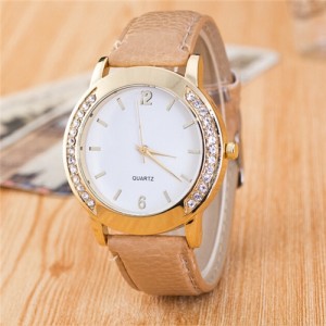 Rhinestone Embellished Golden Rimmed Candy Color Wristband Simple Style Fashion Watch - Khaki