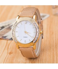 Rhinestone Embellished Golden Rimmed Candy Color Wristband Simple Style Fashion Watch - Khaki